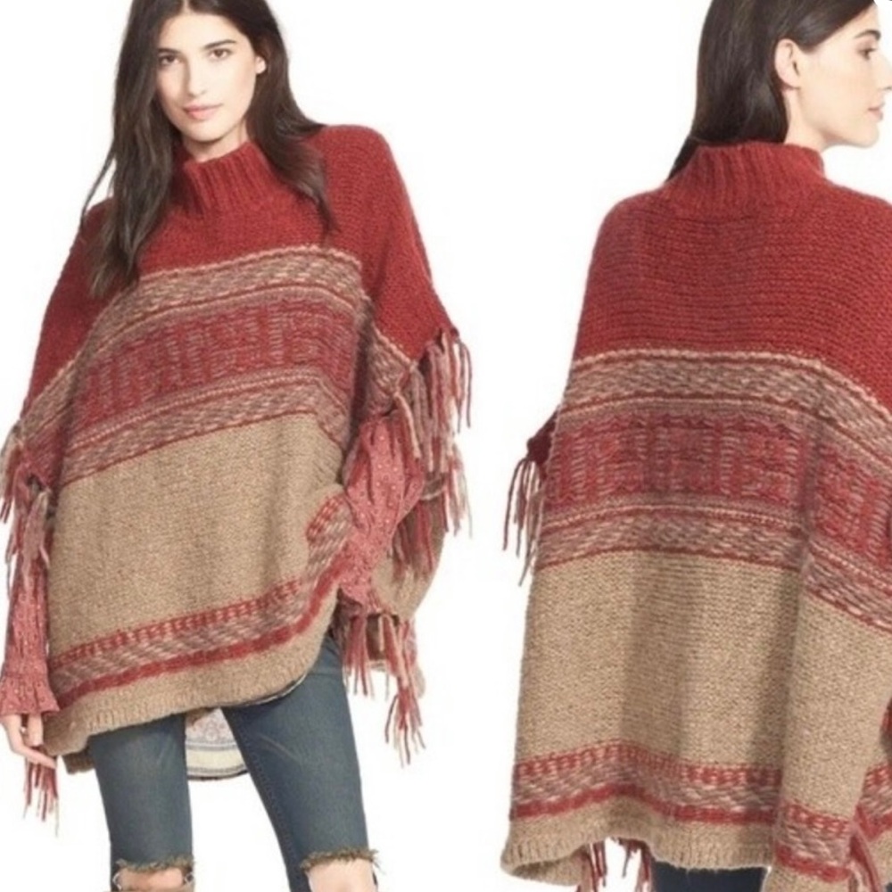 Free People Rust Red and Beige Fringed Knit Poncho - Picture 2 of 4